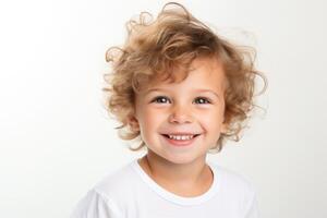 ai generado un pequeño chico con Rizado pelo sonriente foto