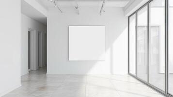 AI generated empty white room with large windows and a blank poster photo