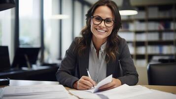 AI generated Woman smiling, sitting at a desk, working with financial documents photo