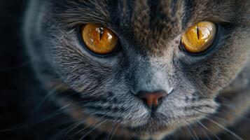 ai generado un cerca arriba de un de gato cara con amarillo ojos foto