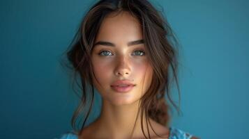 AI generated beautiful woman with blue eyes and brown hair photo