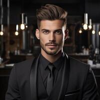 AI Generated  Handsome, fashion-forward man with styled hair at an upscale barbershop, glamorous elegance style, photo