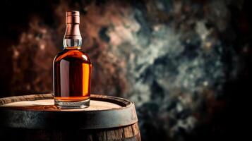 AI Generated Premium whiskey in a bottle atop an oak barrel, with a blurred stony backdrop. photo