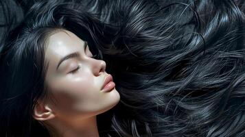 ai generado mujer con ojos cerrado, rodeado por su lujoso negro cabello.brillante largo hermosa cabello. foto