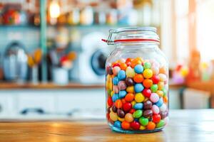 ai generado dulces en un vaso tarro en el mesa en contra el antecedentes de un borroso imagen de el cocina foto