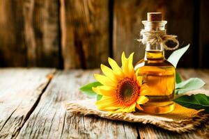AI Generated A rustic bottle of sunflower oil with a blooming sunflower beside it, on a wooden surface. photo