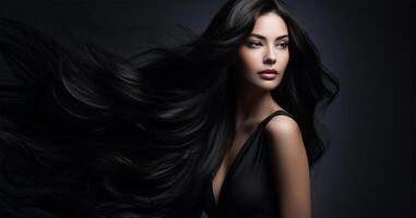 AI Generated  Woman with long, flowing dark hair and captivating beauty, studio shot.Luxurious Flowing Hair Beauty Portrait. photo