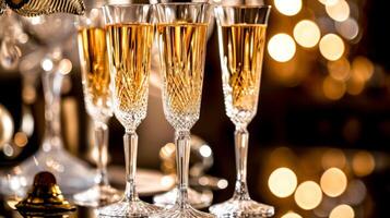 AI Generated  Crystal champagne glasses with sparkling wine, bokeh light backdrop. photo