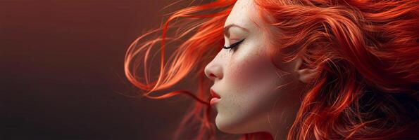 AI Generated Beautiful background with red hair, copy space .Artistic rendition of a woman with fiery red hair flowing in a windblown style. photo
