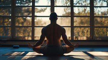 AI Generated view from the back of a young man with an athletic figure,Man practicing yoga meditation in a serene indoor setting. photo