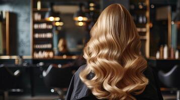 AI Generated Woman showcasing her styled wavy hair at a salon.Luxurious Salon Curls. photo