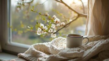 AI Generated  Mug of hot coffee on a knitted blanket beside a window with spring blossoms. photo