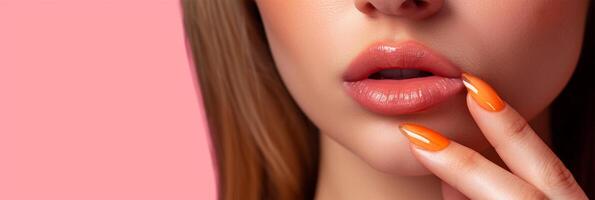 AI Generated Close-up of woman's lips with glossy lipstick and matching manicure. Sensual Beauty Close-up. photo