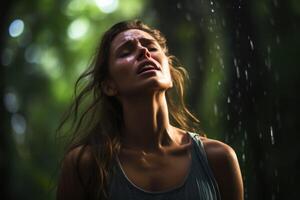 AI generated a woman is crying while standing in the water photo
