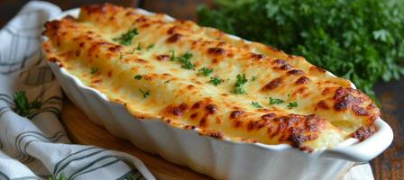 AI generated Delicious baked potato with cheese on white dish on table with copy space for text placement photo