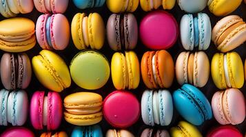AI generated A rainbow of delicacies  close up of colorful macarons arranged in a vibrant pattern photo