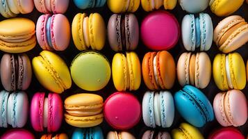 ai generado un arco iris de manjares cerca arriba de vistoso macarons arreglado en un vibrante modelo foto