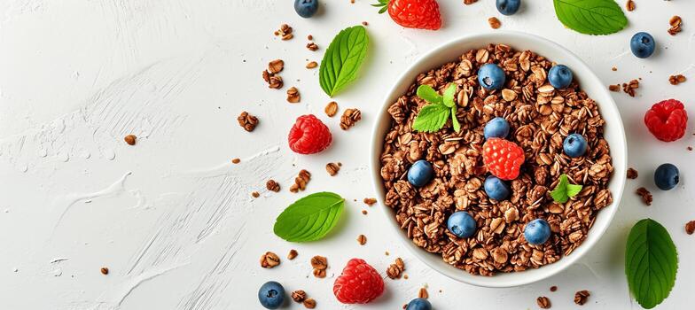 AI generated Healthy oatmeal porridge with berries on white table   top view, diet breakfast with copy space photo