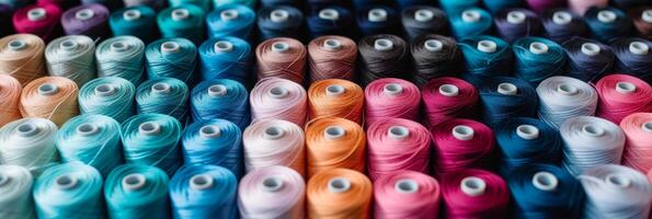 AI generated Vibrant assortment of colorful cotton threads on a tailor textile fabric background photo