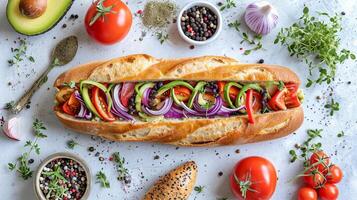 AI generated Vegetarian avocado and vegetable sandwich   healthy diet breakfast on white table  top view photo