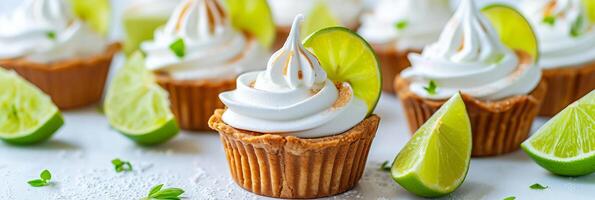 AI generated Delicious key lime pie and lemon meringue tart on white surface for menu or culinary concept photo