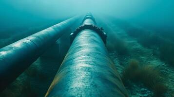 ai generado submarino petróleo y gas tubería infraestructura en azul océano, submarino equipo en mar fondo foto