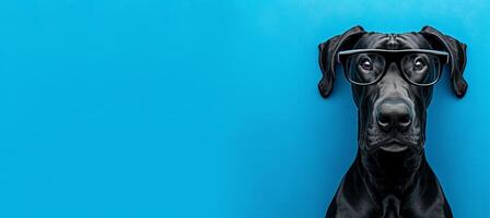 AI generated Intelligent canine wearing stylish black glasses, isolated on blue background with space for text photo