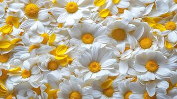 AI generated Scattered white daisy petals on simple white background   flat lay top view aesthetic background photo