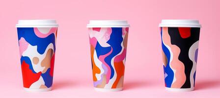 AI generated Modern coffee shop cup designs on neutral pastel background   set of three abstract takeaway cups photo