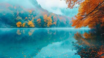 ai generado brumoso otoño lago con vibrante follaje reflexiones brumoso Mañana escena terminado un calma lago reflejando el sorprendentes colores de otoño follaje en el medio de un montañoso área. foto