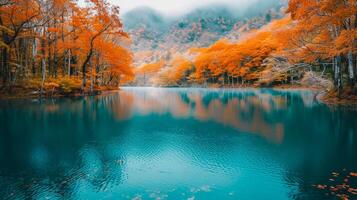 AI generated Majestic Autumn Colors Reflecting on Mountain Lake. Vivid autumnal colors paint a breathtaking picture as they reflect off the tranquil waters of a mountain lake shrouded in mist. photo