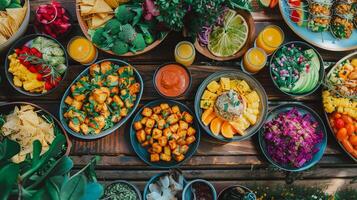 AI generated Diverse Spread of Vegan Dishes and Fresh Juices. A delightful spread of vegan dishes including fresh salads, roasted vegetables, and tropical fruits accompanied by refreshing glasses photo