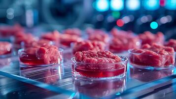 AI generated Lab-grown meat samples are meticulously arranged in a scientific research laboratory, highlighting the innovation in sustainable food technologies. photo