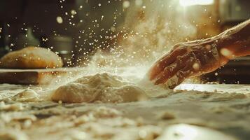 AI generated Dynamic Flour Explosion While Making Dough. Baker's hand causing a flour explosion during the dough preparation on a wooden countertop with sunlight. photo