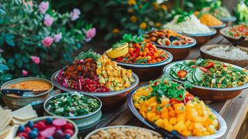 AI generated Gourmet Vegan Feast with a Floral Backdrop. A feast for the eyes and the palate, this image captures an array of gourmet vegan dishes against a backdrop of blooming flowers. photo