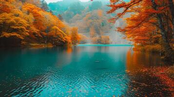 AI generated Autumn Foliage Reflected in Serene Lake. A tranquil lake reflecting the vibrant orange and red autumn leaves from the surrounding forest, creating a peaceful scene. photo