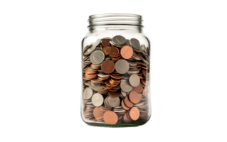 AI generated Coin in glass jar on transparent background png