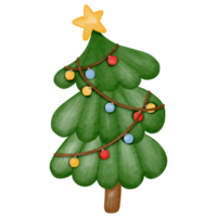 christmas tree with yellow star and colorful light decoration watercolor painting style. png