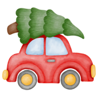 red car carrying a Christmas tree watercolor style paintings png