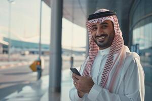 AI generated Smiling Man in Traditional Emirati Attire with Smartphone with AI generated. photo