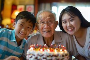 ai generado abuelo celebrando cumpleaños con nietas con ai generado. foto