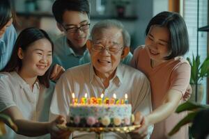 ai generado abuelo celebrando cumpleaños con nietas con ai generado. foto