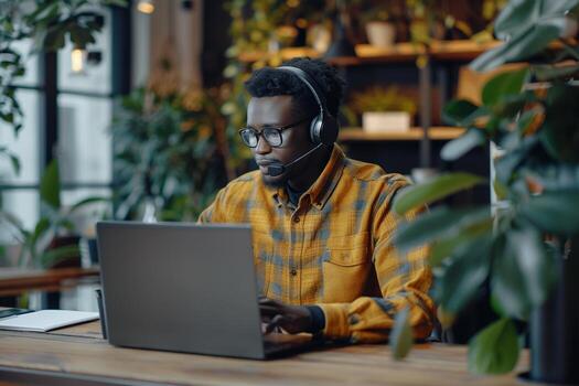 AI generated Focused Man with Headset Working on Laptop with AI generated. photo