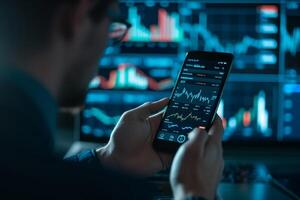 AI generated Man Analyzing Financial Data on Smartphone App with AI generated. photo