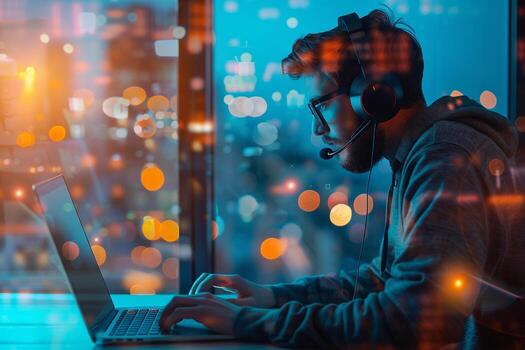 AI generated Focused Man with Headset Working on Laptop with AI generated. photo