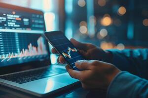 AI generated Man Analyzing Financial Data on Smartphone App with AI generated. photo