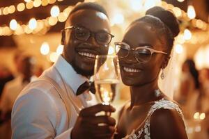 ai generado elegante Pareja tostado con champán a fiesta con ai generado. foto