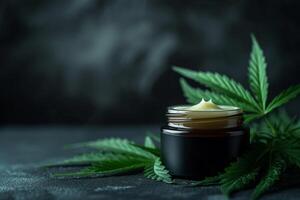 AI generated Cannabis cream in a jar with marijuana leaves on black background. photo