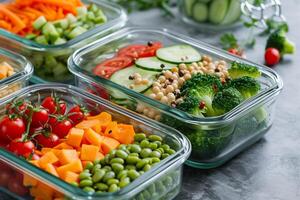 AI generated Healthy food delivery concept. Vegetable salads in plastic containers. photo