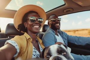 AI generated happy african american woman with dog in car. photo